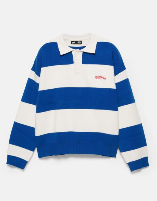 Pull&Bear stribet strikket poloshirt med lange ærmer i blå/hvid, 7 af 7