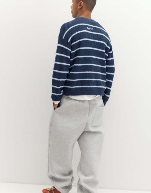 Pull&Bear stribet striktrøje med broderi i navy, 5 af 7