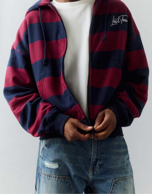 Pull&Bear Stribet sweatshirt med lynlås og hætte i navy, 5 af 6