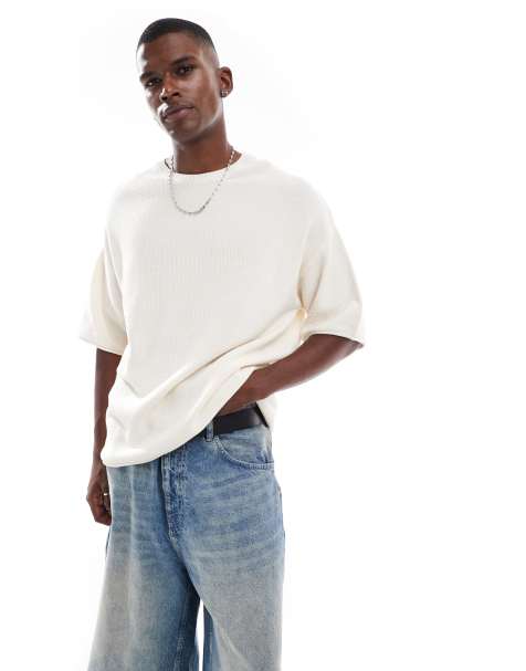 Pull&Bear – Strick-T-Shirt in lockerer Passform in Wollweiß - view 1