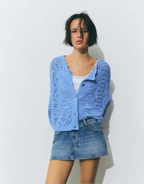 Pull&Bear – Strickjacke in Blau mit Lochmuster - view 1