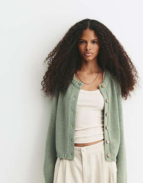 Pull&Bear – Strickjacke in Olivgrün mit Raglanärmeln - view 1