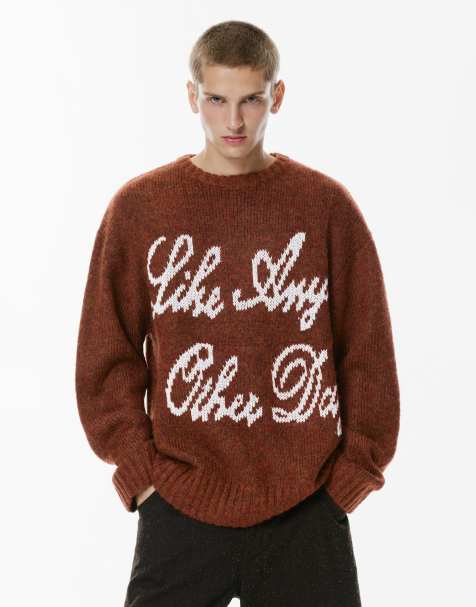 Pull&Bear – Strickpullover in Braun mit Schriftzug - view 1