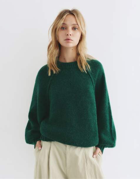 Pull&Bear – Strickpullover in Flaschengrün mit voluminösen Ärmeln - view 1