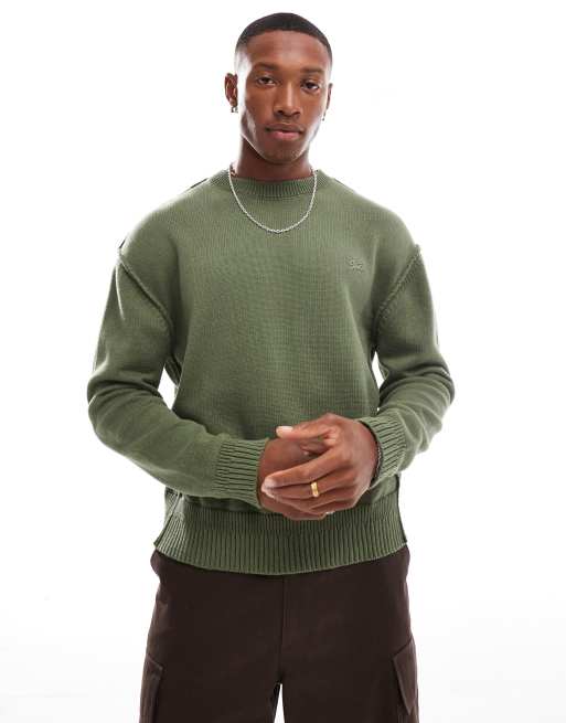 Pull&Bear – Strickpullover in Khaki mit Ziernaht 