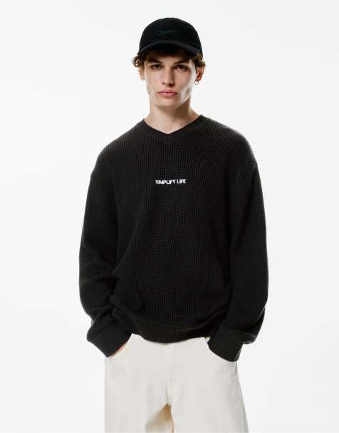 Pull&Bear – Strickpullover in Schwarz mit aufgesticktem Spruch - view 1