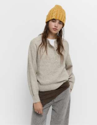 Pull & Bear - Strickpullover in Steinbeige mit Knopfleiste und Ziernaht-Neutral