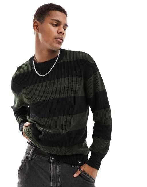 Pull&Bear stripe knit sweater in dark green ASOS