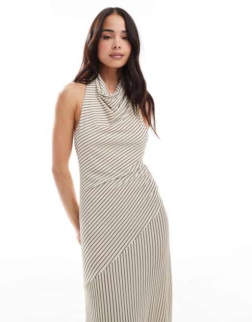 Pull&Bear stripe paneled beach wrap maxi dress in brown & white