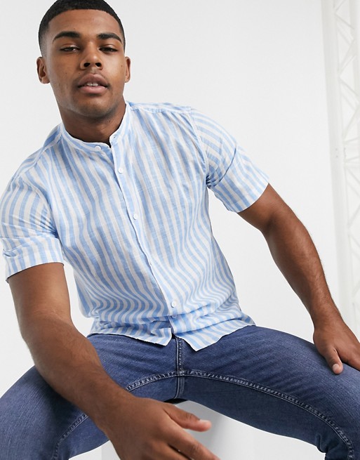 Pull&Bear stripe shirt with grandad collar in light blue