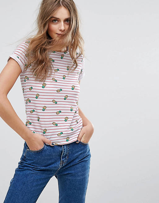 Pull&Bear Stripe T-Shirt with Pineapples