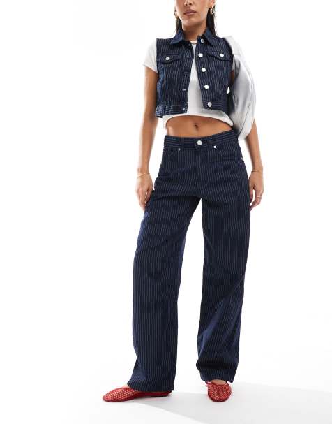 Pull&Bear striped barrel fit jean in dark blue rinse - part of a set - view 1