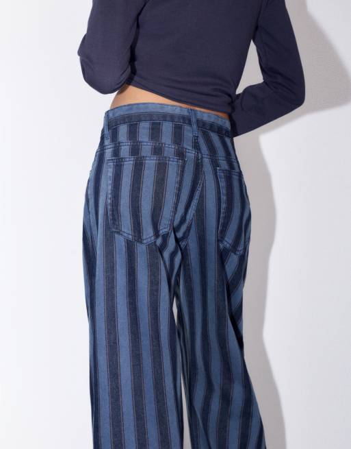 Pull&Bear Striped barrel jeans in dark blue, 3 of 7