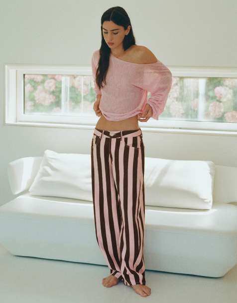 Pull&Bear Striped barrel jeans in rose pink - view 1