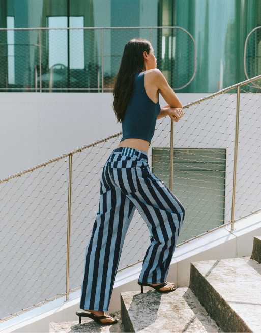 Pull&Bear Striped barrel jeans in turquoise, 2 of 7