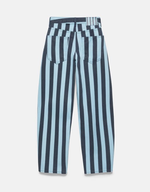 Pull&Bear Striped barrel jeans in turquoise, 5 of 7
