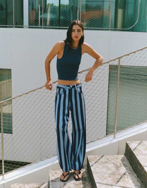 Pull&Bear Striped barrel jeans in turquoise, 6 of 7