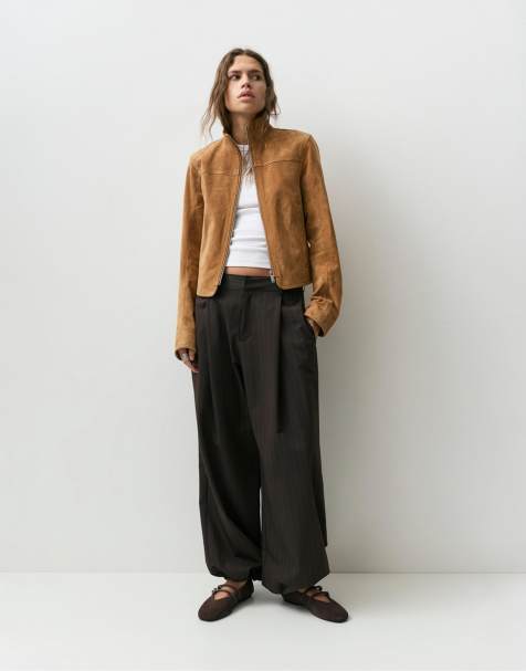 Pull&Bear Striped barrel trousers with darts in brown