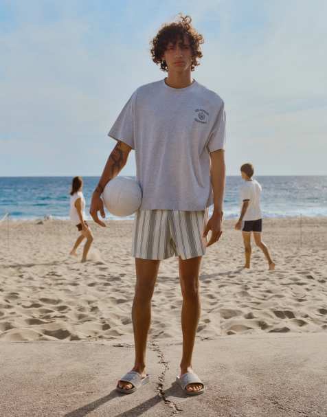 Pull&Bear Striped board shorts in green - view 1