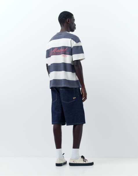 Pull&Bear Striped boxy-fit t-shirt in navy - view 1