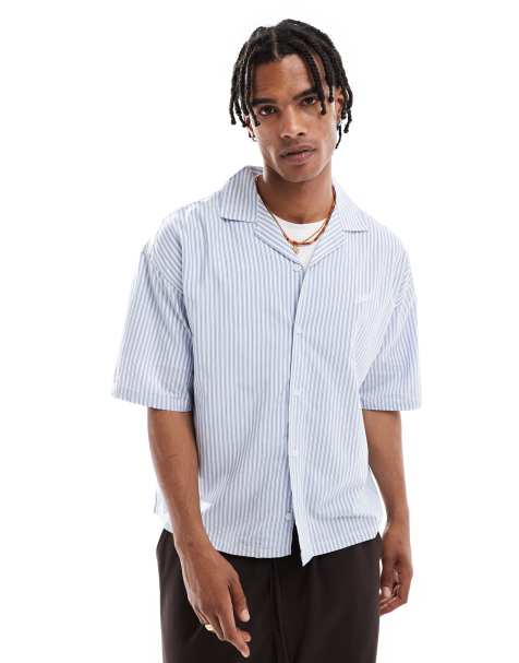 Pull&Bear striped boxy shirt in blue - view 1