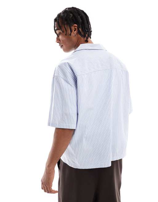 Pull&Bear striped boxy shirt in blue 