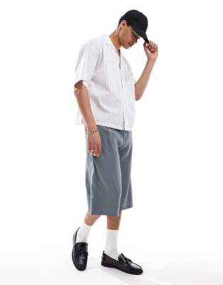 Pull & Bear Striped Boxy Shirt In White