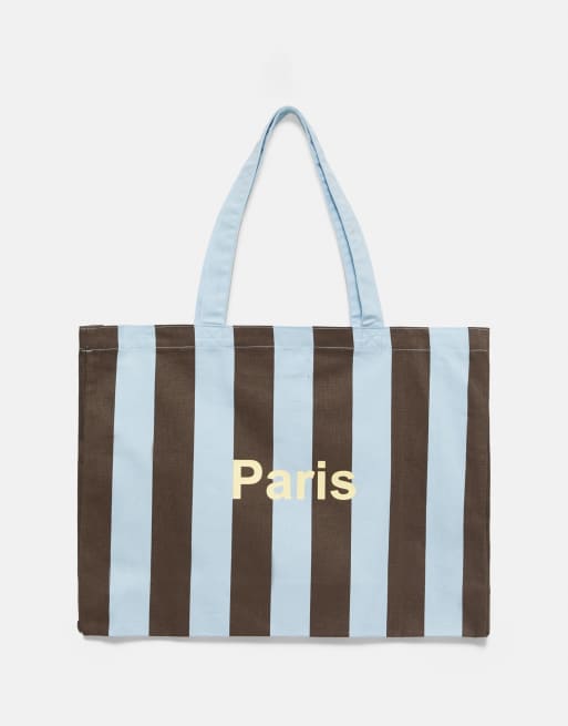 Pull&Bear Striped cities tote bag in blue, 2 of 4