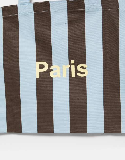 Pull&Bear Striped cities tote bag in blue, 3 of 4