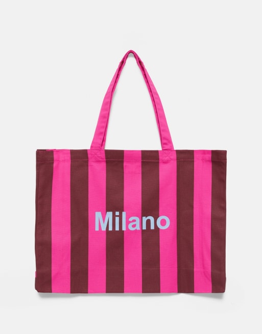 Pull&Bear Striped cities tote bag in pink, 2 of 4