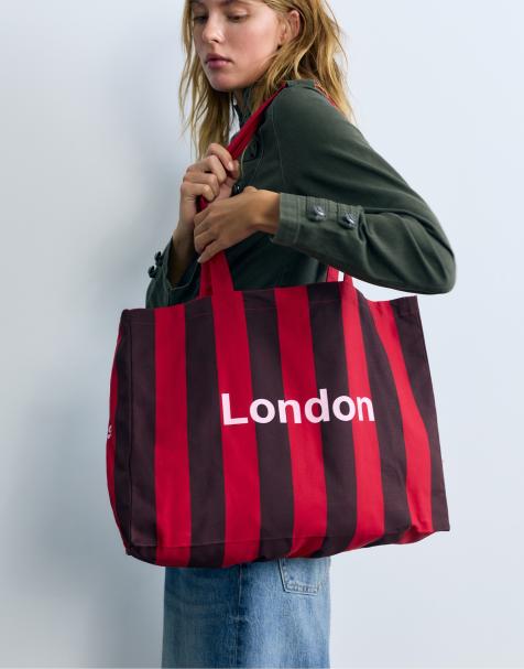 Pull&Bear Striped cities tote bag in red - view 1