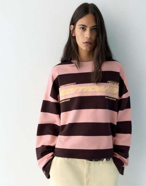 Pull&Bear Striped crew neck sweatshirt with slogan in medium pink - view 1