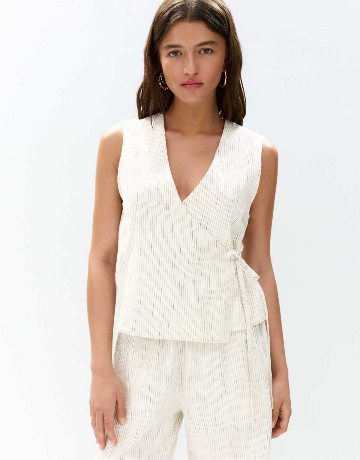 Pull&Bear striped crossover top in ecru