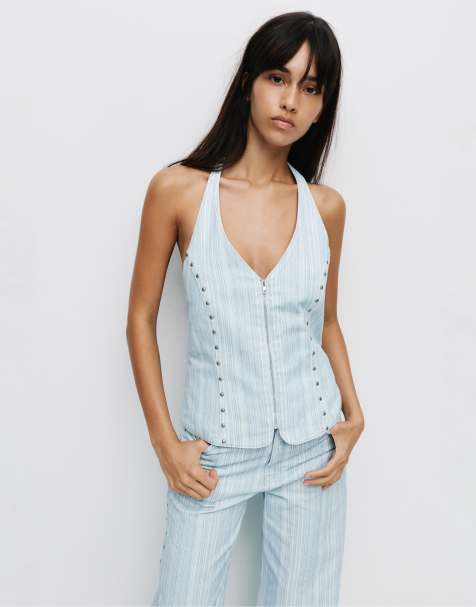 Pull&Bear Striped denim halter top in blue - view 1