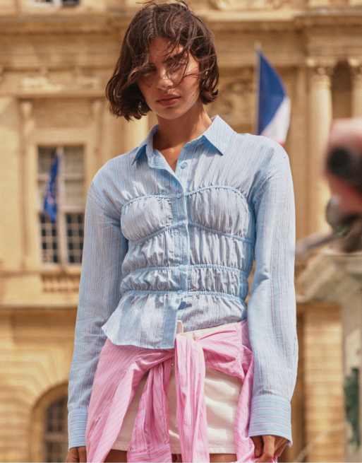 Pull&Bear Striped gathered long sleeve shirt in blue, 5 of 7