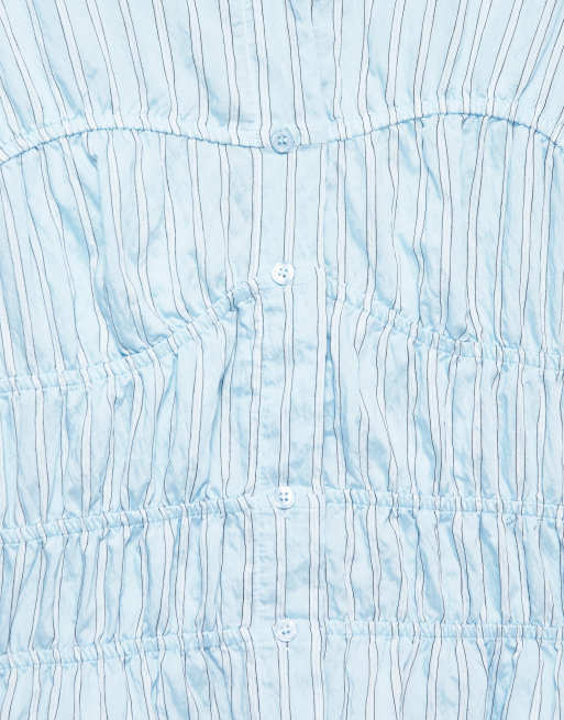 Pull&Bear Striped gathered long sleeve shirt in blue, 7 of 7