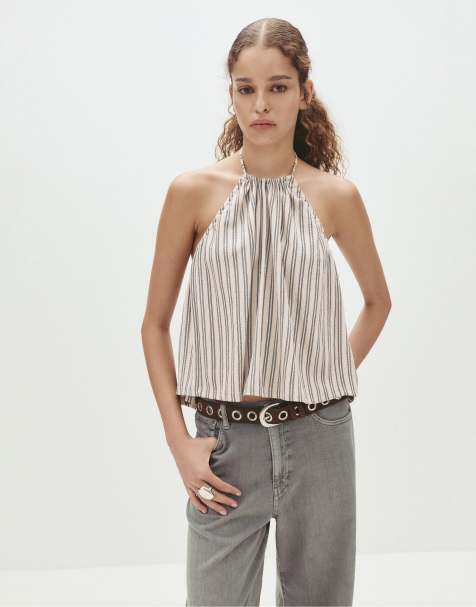 Pull&Bear Striped halter top in beige