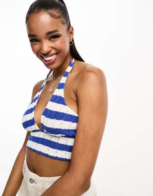 Brandy Melville Blue Coastal Striped Halter Tie Neck Crop Top