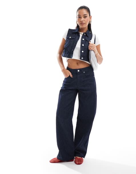 Pull&Bear striped jeans and waistcoat set in dark blue rinse - view 1