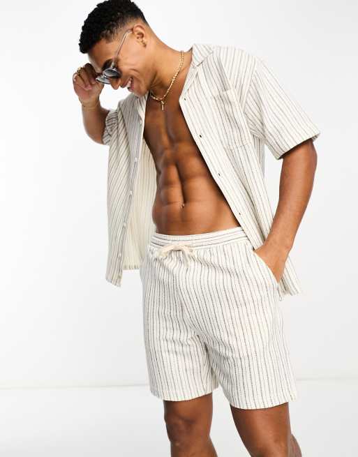 Pull&Bear striped jersey shorts co-ord in beige