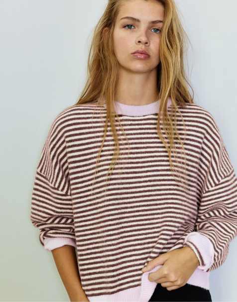 Pull&Bear Striped jumper with contrast neck in chocolate - view 1