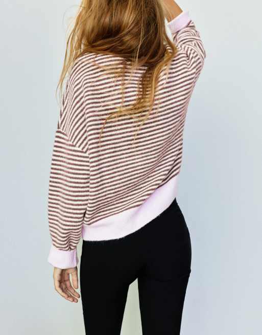 Pull&Bear Striped jumper with contrast neck in chocolate, 2 of 7