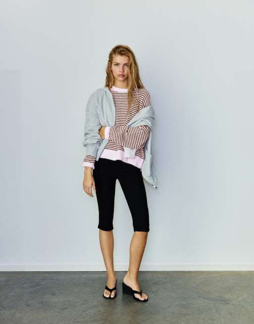 Pull&Bear Striped jumper with contrast neck in chocolate, 4 of 7