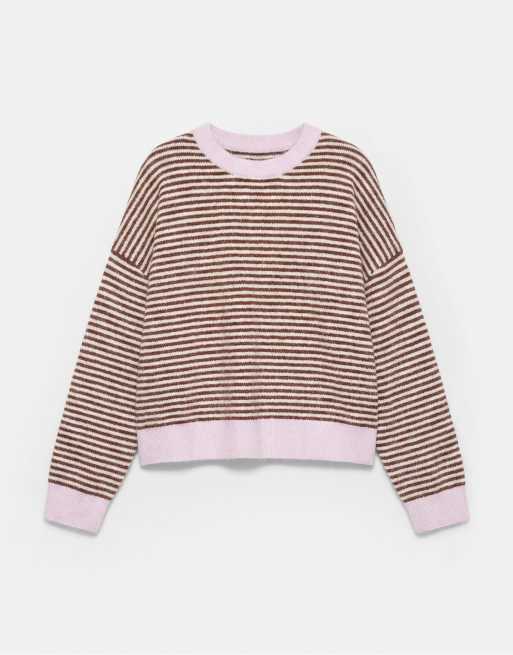 Pull&Bear Striped jumper with contrast neck in chocolate, 5 of 7