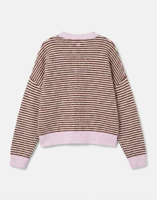 Pull&Bear Striped jumper with contrast neck in chocolate, 7 of 7