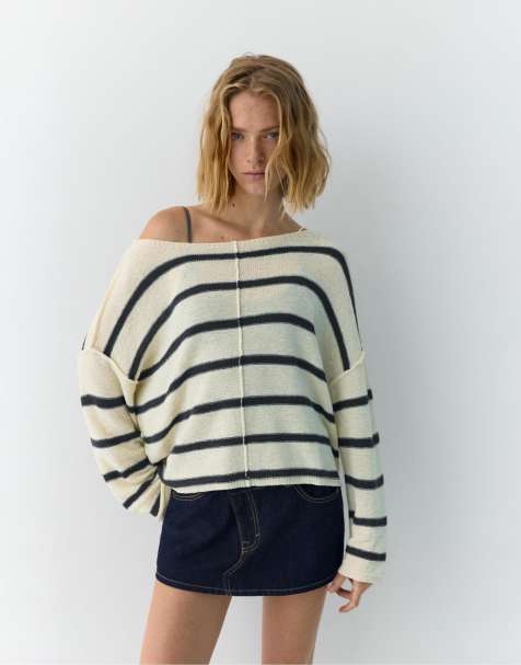 Pull&Bear Striped jumper with seam detail in ecru/navy - view 1