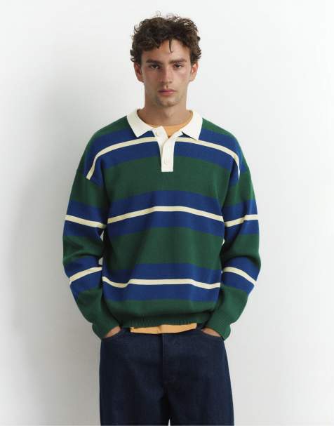 Pull&Bear Striped knit polo shirt in bottle green - view 1