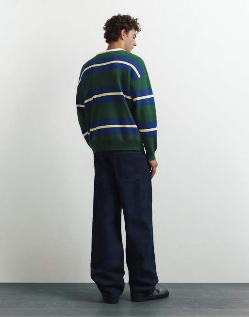 Pull&Bear Striped knit polo shirt in bottle green, 2 of 7