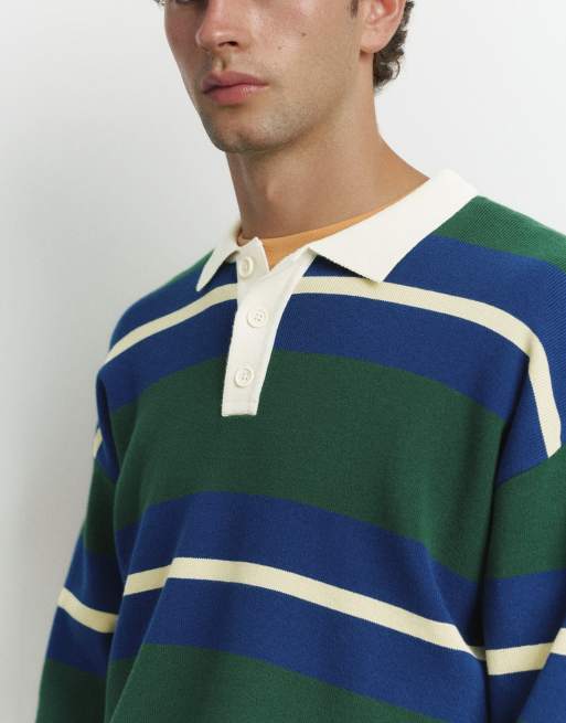Pull&Bear Striped knit polo shirt in bottle green, 3 of 7