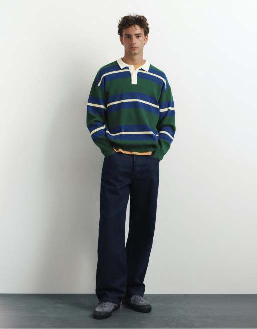 Pull&Bear Striped knit polo shirt in bottle green, 4 of 7